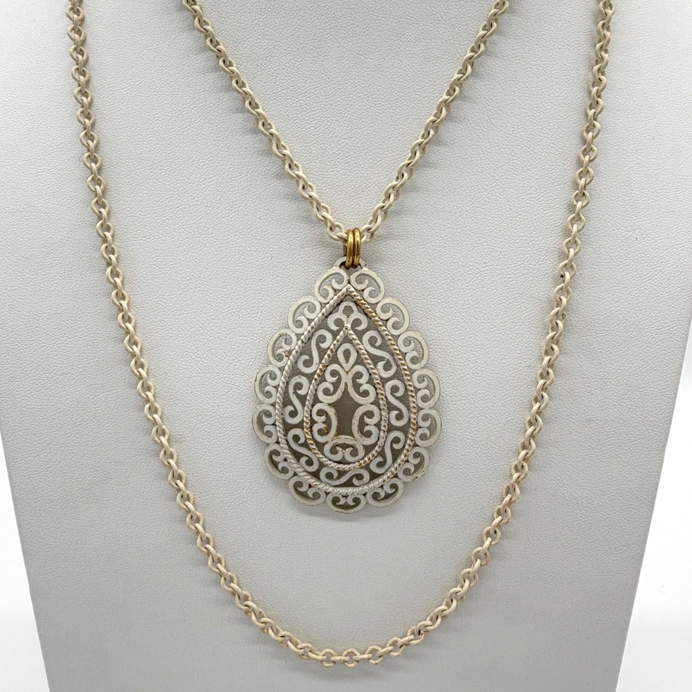 Vintage Crown Trifari White Enamel Filigree Pendant Necklace Long Chain Boho